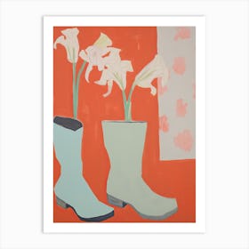 Painting Of White Flowers And Cowboy Boots, Oil Style 9 Art Print