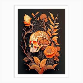 Skull With Intricate Linework 2 Orange Botanical Art Print