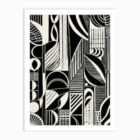 Mid Century Inspired Linocut Abstract Black And White art, 122 Art Print