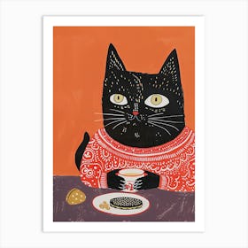 Black And Orange Cat Having Breakfast Folk Illustration 4 Art Print
