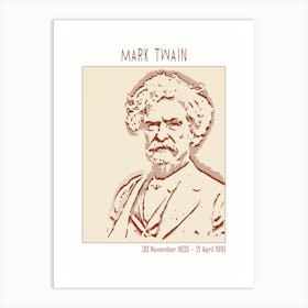 Line Art Minimalist – Mark Twain The Author Of The Adventures Of Tom Sawyer (1876) And Adve 1 Art Print