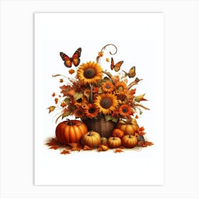 Butterflies Pumpkins Sunflowers Fall Flowers Basket Art Print