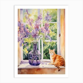 Cat With Wisteria Flowers Watercolor Mothers Day Valentines 4 Art Print