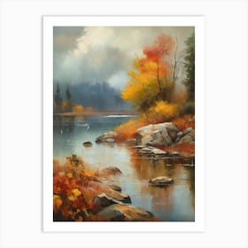 Autumn Lake,Forest Lake, Vintage Oil Painting, Farmhouse Wall Decorations, Antique Landscape, Vintage Landscape Oil Painting.7 2 Art Print