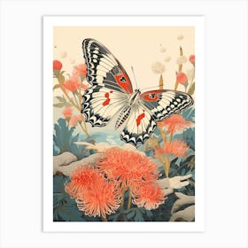 Butterfly With Beautiful Pink Flowers Japanese Style Painting 1 Art Print