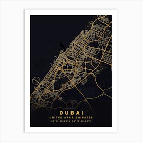 Dubai United Arab Emirates Black And Gold Map Art Print