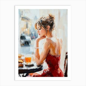 A Girl In A Red Dress Is Sitting In A Cafe 1 Art Print