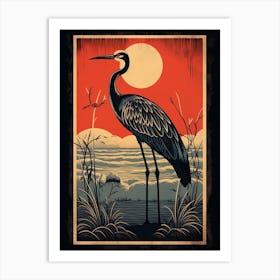 Vintage Bird Linocut Crane 4 Art Print