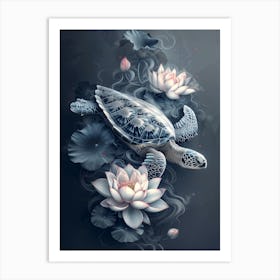 Turtle With Lotus Lily Art Print