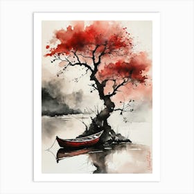 Small Boat Ink Painting Red Art Print