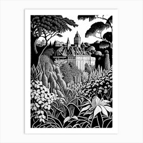 Powis Castle Gardens, 1, United Kingdom Linocut Black And White Vintage Art Print