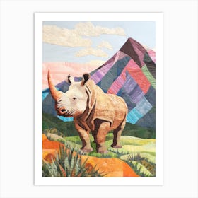 Patchwork Rhino With Mountain In The Background 2 Art Print