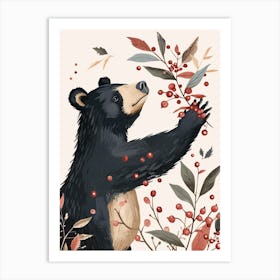 American Black Bear Standing And Reaching For Berries Storybook Illustration 2 Art Print