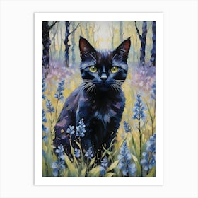 Black Cat Amongst Bluebells - Oil and Palette Knife Painting of A Beautiful Black Cat Sitting Among the April and May Day Flowers - Kitty, Cat Lady, Pagan, Feature Wall, Witch, Fairytale Tarot Bastet Beltane Colorful Painting in HD Art Print