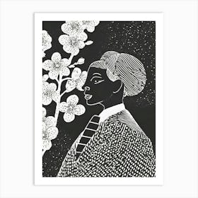 A Woman In Traditional Garb Admiring Plum Blossoms Linocut Art Print