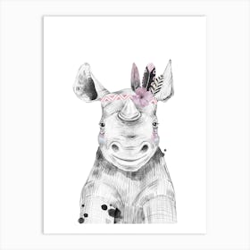 Safari Babies Rhino With Head Feathers Art Print