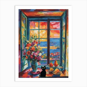 Matisse Style Open Window With Black Cat Added Colorful Vibrant Painting in HD Art Print