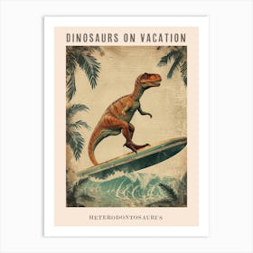 Vintage Heterodontosaurus Dinosaur On A Surf Board 2 Poster Art Print