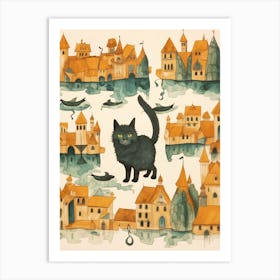 Black Cat With A Medieval Village Art Print