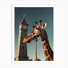 Giraffe In Front Of Clock Tower Art Print