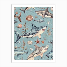 Pastel Blue Great White Shark Watercolour Seascape 3 Art Print