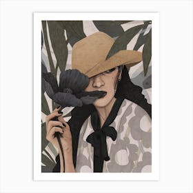 The Girl With Navy Flower Art Print