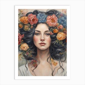 Girl With Flowers in her hair Art Print