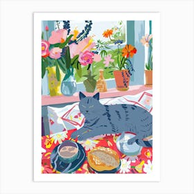 Tea Time With A Russian Blue Cat 1 Art Print