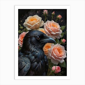 Crow With Roses Art Print