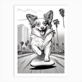 Papillon Dog Skateboarding Line Art 2 Art Print