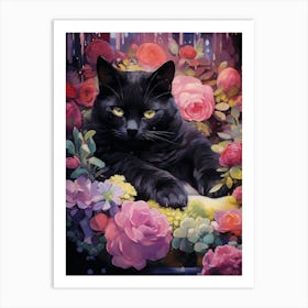 Black Cat In Flowers Art Print