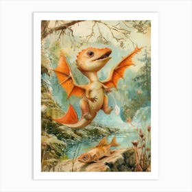 Baby Dinosaur With Wings Catching A Fish Storyboo Style Art Print