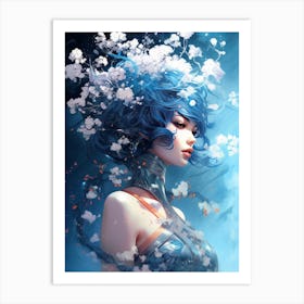 Woman with vibrant blue hair standing beneath a blossoming tree Art Print