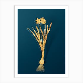Vintage Lesser Wild Daffodil Botanical in Gold on Teal Blue n.0283 Art Print