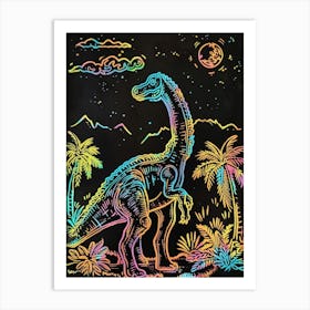 Colourful Dinosaur Neon Line Illustration 2 Art Print