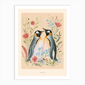 Folksy Floral Animal Drawing Penguin Poster Art Print