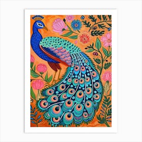 Folky Floral Peacock Portrait 2 Art Print