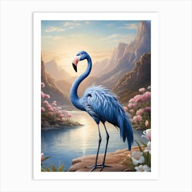 Floral Blue Flamingo Painting (41) Art Print