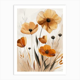 Flowers In Beige, Brown And White Tones, Using Simple Shapes In A Minimalist And Elegant 15 Art Print