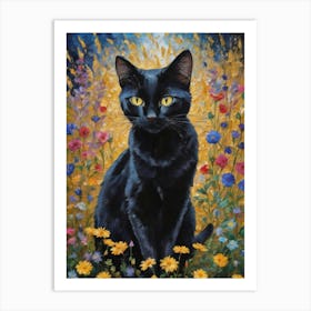 Klimt Style Black Cat in Garden Flowers Meadow Gold Leaf Painting - Gustav Klimt and Monet Waterlillies Poppies Daisies Inspired Textured Wall Decor - Super Vibrant HD High Resolution Art Print