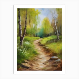 Path In The Woods.Canada's forests. Dirt path. Spring flowers. Forest trees. Artwork. Oil on canvas.5 Art Print