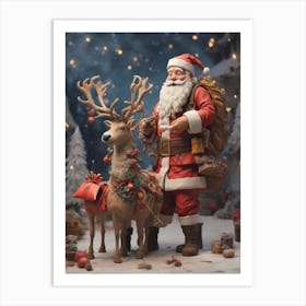 Santa Claus And Reindeer Art Print