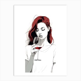 Girl With Red Hair Drinking Wine Art Print