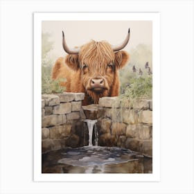 Highland Cow Drinking From Brickwork Trough 2 Art Print