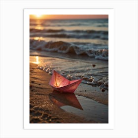 Paper Boat On The Beach At Sunset Art Print