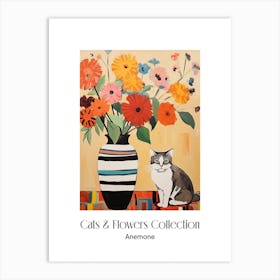 Cats & Flowers Collection Anemone Flower Vase And A Cat, A Painting In The Style Of Matisse 1 Art Print