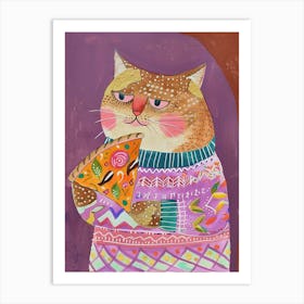 Brown Cat Pizza Lover Folk Illustration 5 Art Print