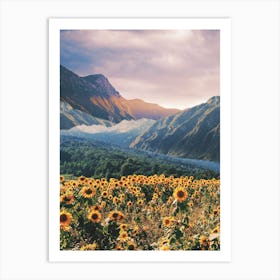 Landscape With Sun Flowers And Mountains Art Print