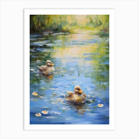 Ducklings Swimming In The River Impressionism 1 Art Print