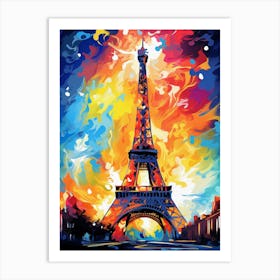 Eiffel Tower Paris at Night II, Modern Abstract Vibrant Painting Art Print